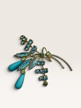 1950s Aqua Turquoise Teardrop UV Glow Green Uranium Glass Spray Brooch 2"